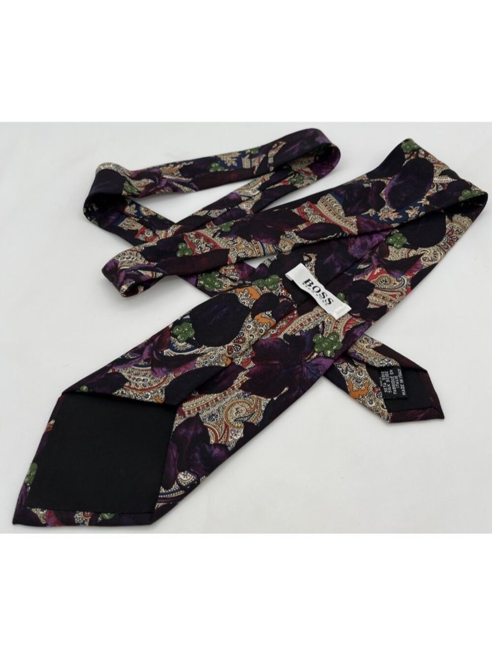 HUGO BOSS Men's Silk Cotton Necktie LUXURY Paisley Purple Floral W:3.6" Italy